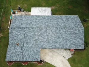 birds-eye view of new asphalt shingle roof and patio deck