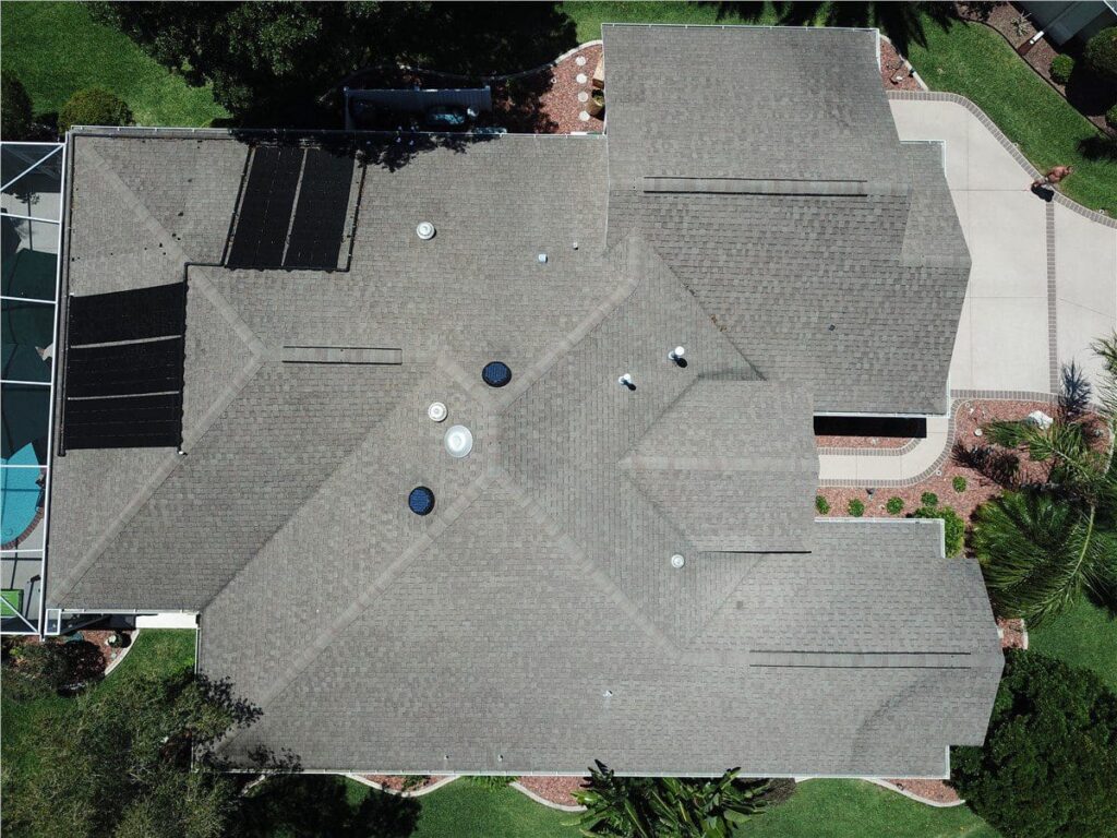birds-eye view of a gray asphalt shingle roof