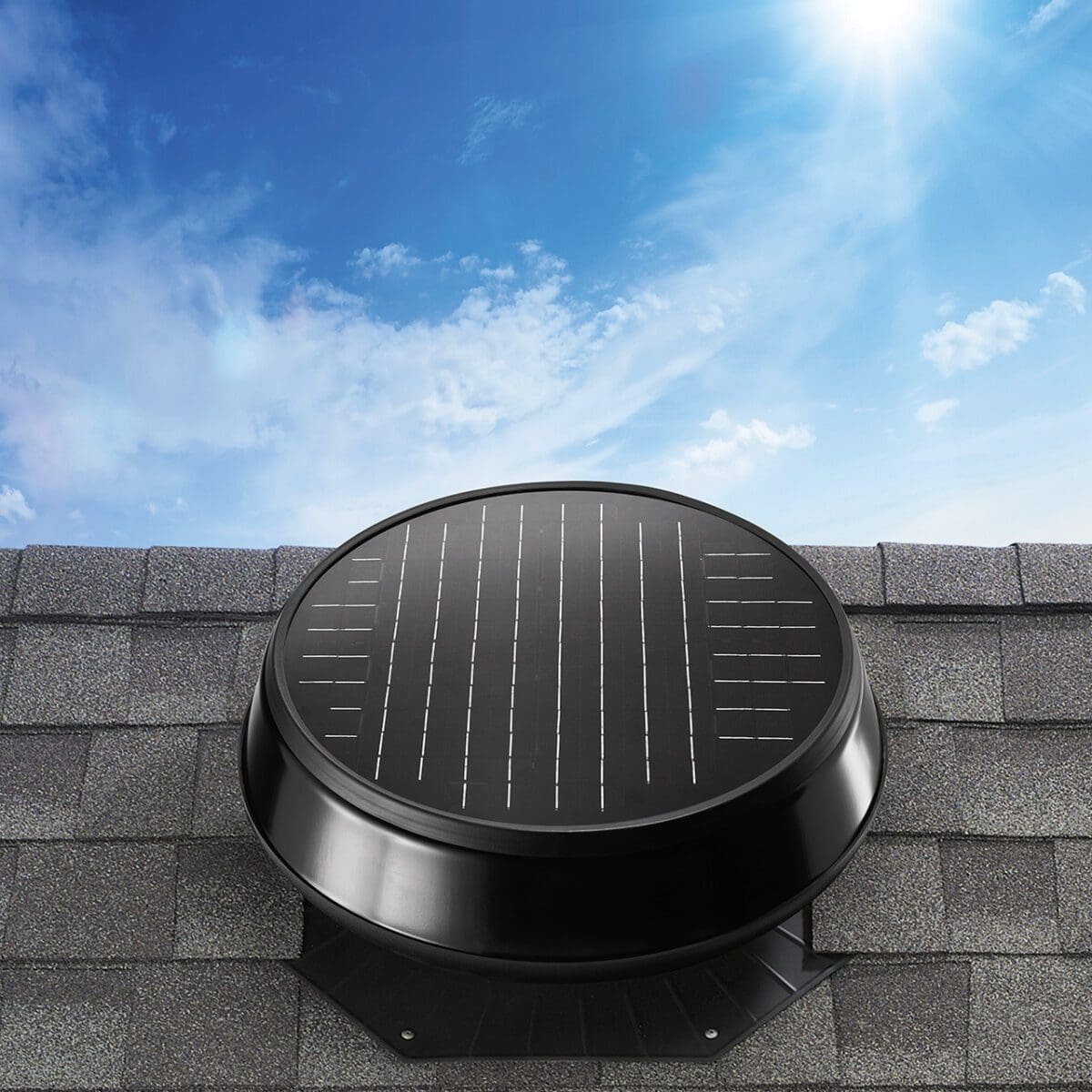 solar powered attic fan on a roof