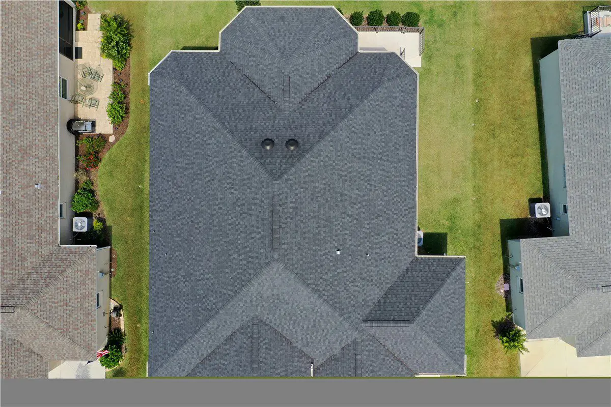 birdseye of a dark gray asphalt shingle roof