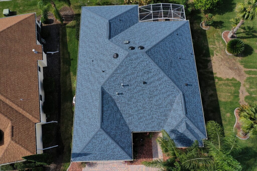 birdseye view of blue asphalt shingle roof